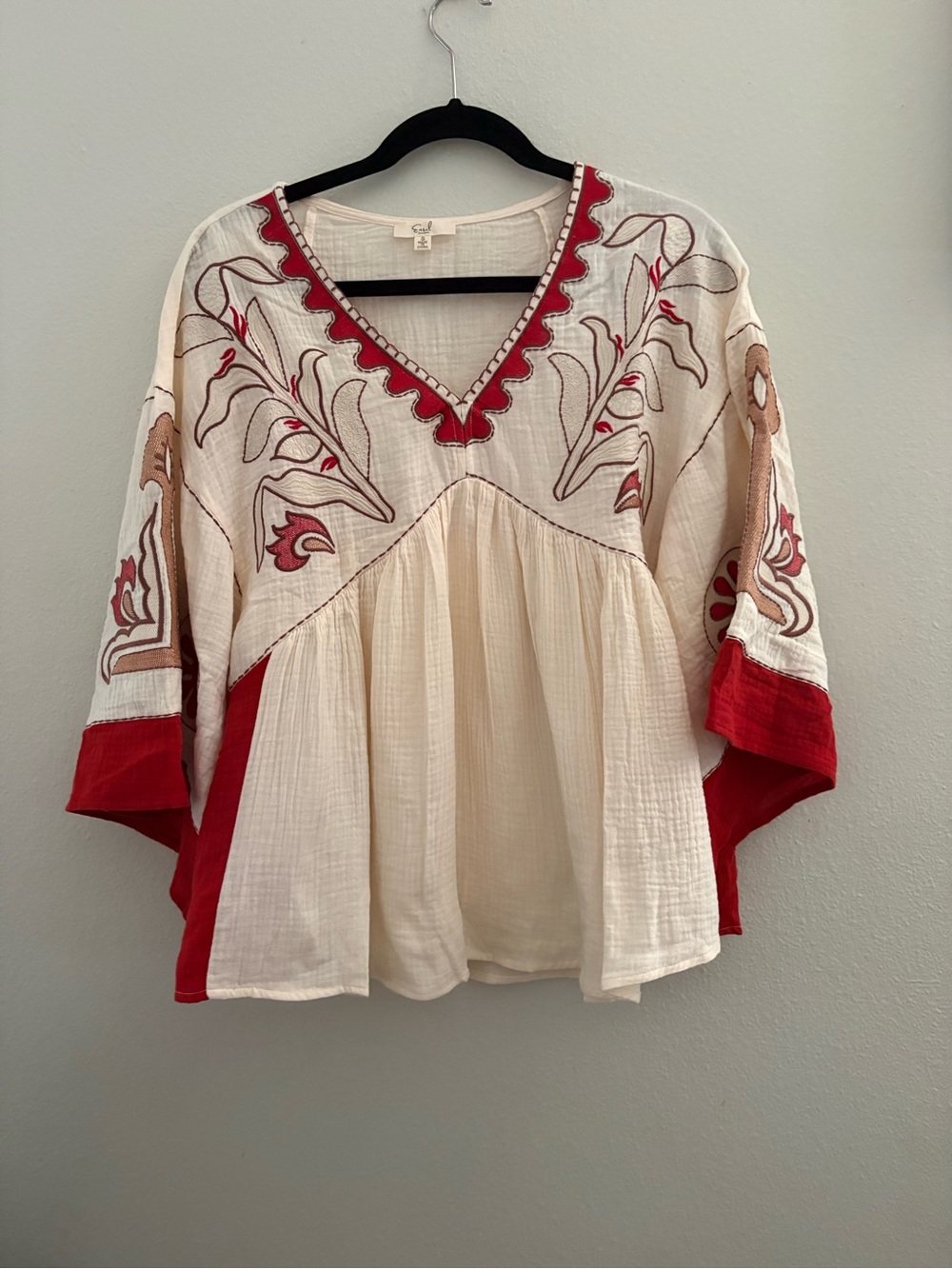 easel Cream Peasant Blouse with Red Embroidered Detail